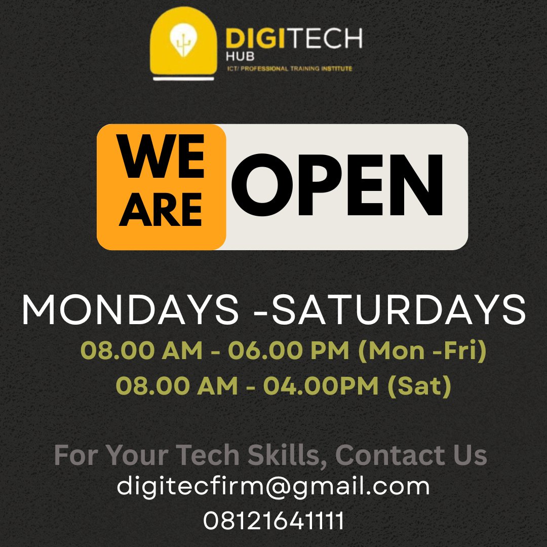 digitecinfotech's tweet image. Good News. We’re Open! 💻
Your favourite tech hub is open Mondays to Saturdays, ready to help you build in-demand digital skills that shape the future.
Visit DigiTech Hub today, and let’s create something amazing together!
#DigiTechHub #WeAreOpen #LearnTech #Yenagoa