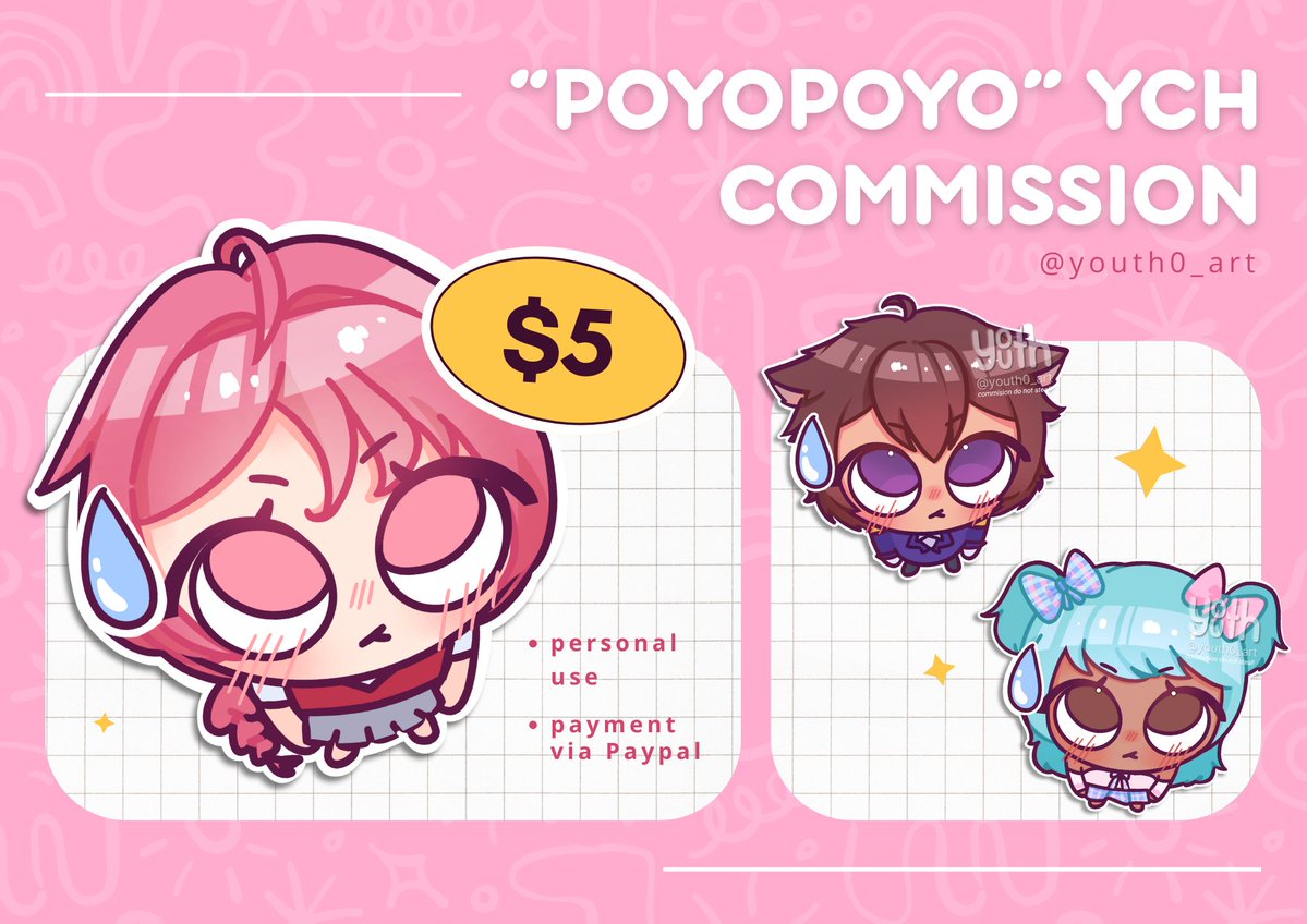 [ Rt &amp; ❤️are much much appreciated! ]   

Open Commission "poyopoyo" YCH only
5 slots available~ ٩(ˊᗜˋ*)و ♡ 

• price $5
• Payment via Paypal only
• TaT 4-10 days

#opencommission #ych