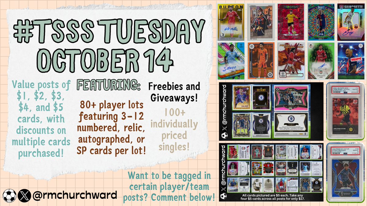 rmchurchward's tweet image. Coming at you again in 48 hours for #TSSS x #rmchurchcards on Tuesday, October 14 alongside @undrgrnd_cards 🔥⚽️

See detailed schedule linked here and get your notifications on! If you want to be tagged in certain player/team posts that night, comment below! 👇
