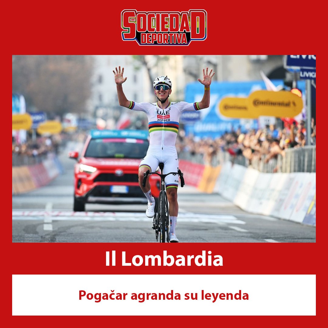 #IlLombardia | Pogačar agranda su leyenda
Nueva exhibición del campeón del Mundo, que conquista, por quinta vez consecutiva, Il Lombardia e iguala a Fausto Coppi. Pogačar suma su 108ª victoria con Evenepoel y Storer completando el podio.

#ÚltimaHora | wp.me/Pawkll-Zo