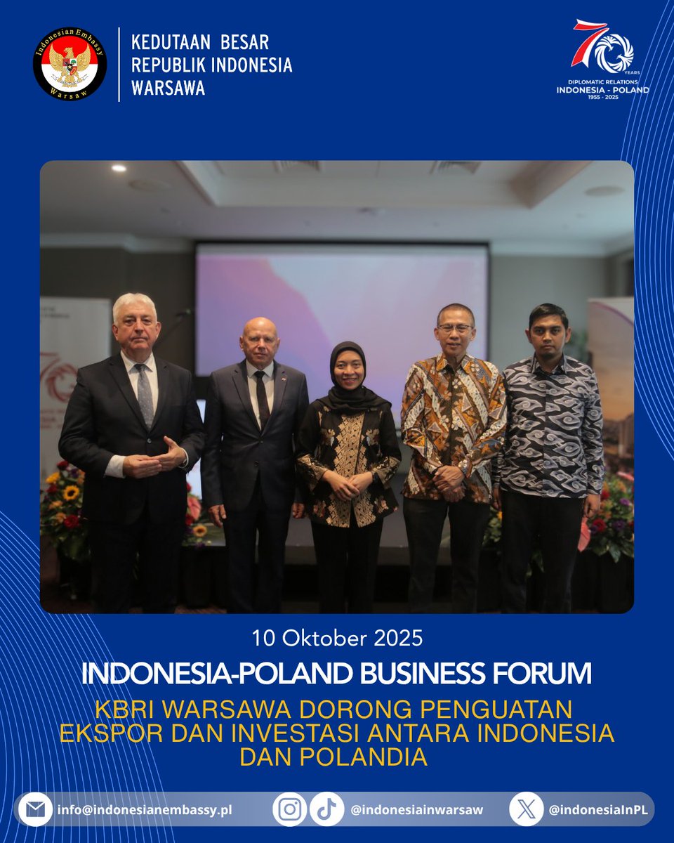 IndonesiaInPL's tweet image. Merayakan 70 tahun hubungan diplomatik Indonesia-Polandia, KBRI Warsawa menggelar Business Forum “Archipelago Wonders” untuk dorong ekspor, investasi, dan inovasi! Peluang besar terbuka di pasar Eropa. #IndonesiaPolandia #Investasi #Inovasi

Świętując 70 lat stosunków…