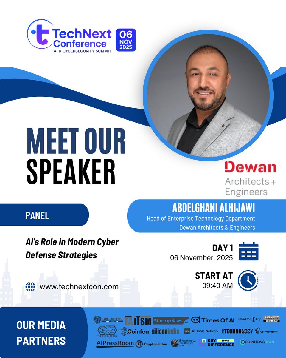 TechNextcon's tweet image. Meet Our Speaker – TechNext AI & Cybersecurity Summit 2025!
We’re thrilled to welcome Abdelghani Alhijawi, Head of Enterprise Technology Department
Dewan Architects & Engineers , to speak on:
“AI's Role in Modern Cyber Defense Strategies"