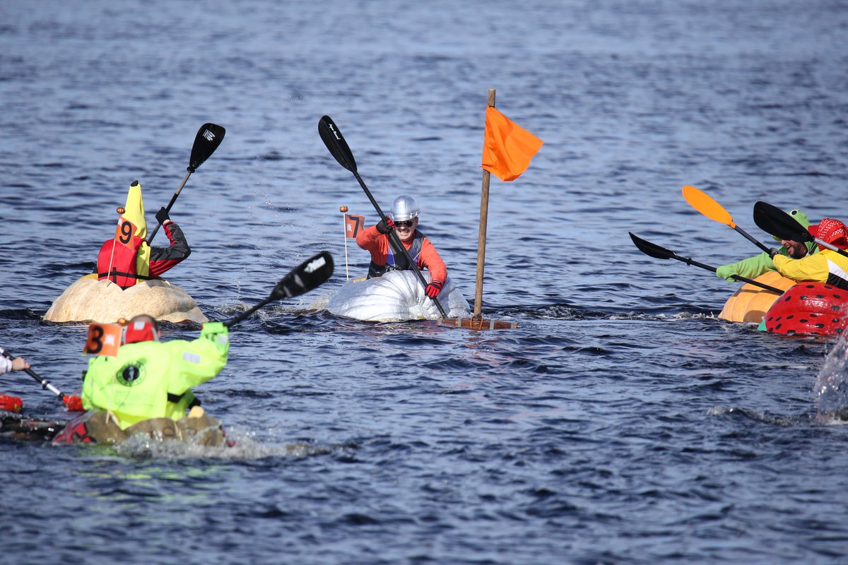 Canada's tweet image. On your marks, get set, PUMPKIN! Today is the 4th Annual #NovaScotia Giant Pumpkin Festival & Regatta. The event features many activities, with the highlight being contestants paddling in giant pumpkins along the shore. Have you ever dreamt of racing a giant pumpkin? 🎃