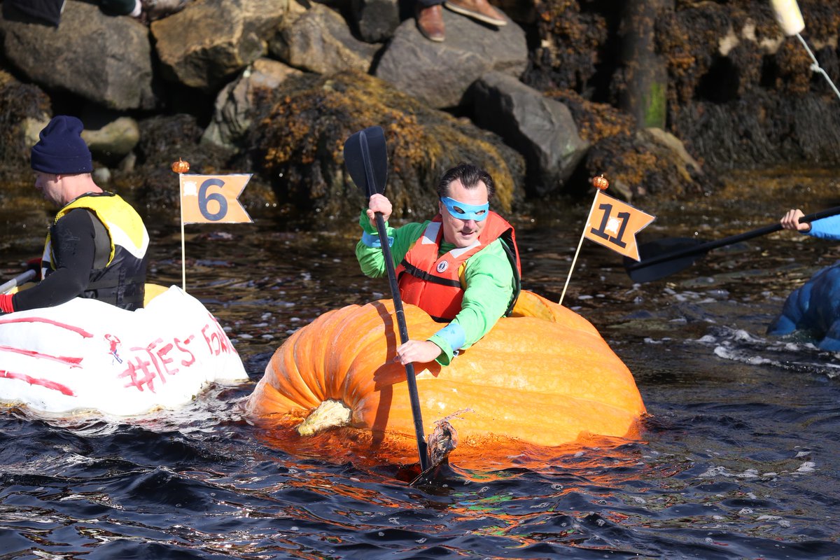 Canada's tweet image. On your marks, get set, PUMPKIN! Today is the 4th Annual #NovaScotia Giant Pumpkin Festival & Regatta. The event features many activities, with the highlight being contestants paddling in giant pumpkins along the shore. Have you ever dreamt of racing a giant pumpkin? 🎃