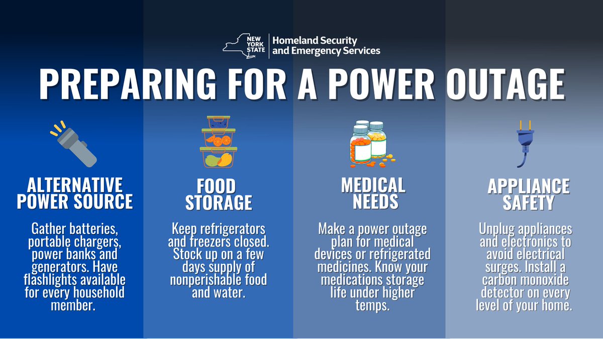 NYSDHSES's tweet image. The coastal storm impacting NYC and Long Island beginning tomorrow could cause scattered power outages. Now is the time to prepare.

📱Keep your cell phones charged and gather batteries and flashlights.
🥫 Stock up on essential supplies and create a plan for your medical devices.