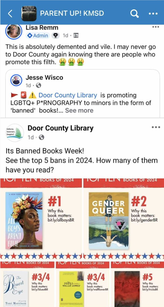 jnorcr's tweet image. A private right wing social media group in #Wisconsin (which includes GOP-backed school board members) is promoting a post from a leader of a far right group (GAG)  attacking a public library in #DoorCounty. 
#fREADom #StopBookBans #SupportOurPublicLibraries