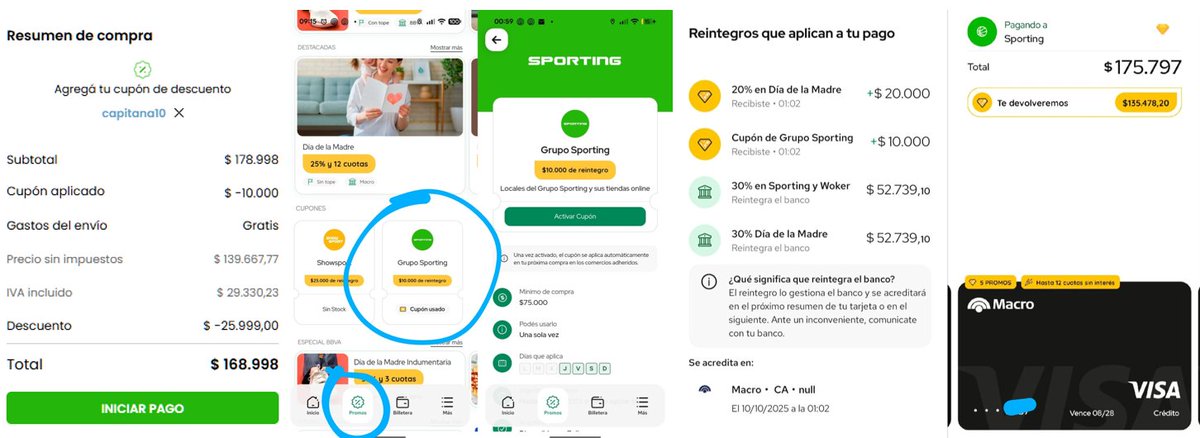 ahorrotwit's tweet photo. 🚨Tutorial de como comprar en la web de #Sporting con tarjeta #Macro y ahorrar hasta un 81,25% y pagar en hasta 12 cuotas hoy Sabado y mañana Domingo🚨

Como hay varios que afanan la info y republican pero desinforman mas de lo que informan te detallo bien cuales son todos los descuentos (no pongo los links asi los que afanan tienen que laburar un poquito pero me los podés pedir por DM)

1) Cuando terminás de armar el carrito y vas a pagar, ponés el cupón CAPITANA10 y te fijás si te aplica el descuento de $10.000 (Ayer era con un mínimo de compra de $75.000 y hoy lo cambiaron a $160.000 en artículos seleccionados)

2) En la app de @MODO_Arg abajo a la izquierda tocás en "Promos" y te va a aparecer una parte donde dice "cupones". Ahi tocás y activás el cupón de $10.000

3) Promo de MODO del 20% con tope de $20.000

4) Con tarjetas de crédito #MacroSelecta tenés un 30% #Black, 25% #Platinum y 20% #General y hasta 12 cuotas sin interes por el dia de la madre

5) Con tarjetas de crédito #MacroSelecta tenés un 30% #Black, 25% #Platinum y 20% #General y hasta 12 cuotas sin interes en tiendas adheridas

O sea, el 81,25% y las 12 cuotas los lográs con #MacroSelecta pero podés lograr también un 71,87% con #MacroPlatinum o hasta un 62,5% con tarjetas comunes si partís de $160.000 (Si comprás por mas de eso el % va bajando ya que los 1ros 3 descuentos tienen tope)(Tampoco conviene comprar por menos de $160.000 porque no te aplica el cupón CAPITANA10 y además para envio gratis tenés que comprar por al menos $150.000 xque sino te cobran $10.900)