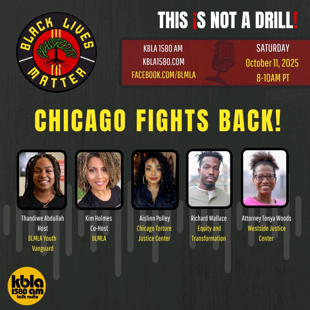 BLMLA's tweet image. We’re just getting started on kbla1580.com!
Talking about how Chicago Fights Back with our own Thandiwe Abdullah of the #BlackLivesMatter Youth Vanguard hosting and BLMLA’s Kim Holmes in the cohost chair. Taking your calls at 800-920-1580. 
@kbla1580 
@blmgrassroots