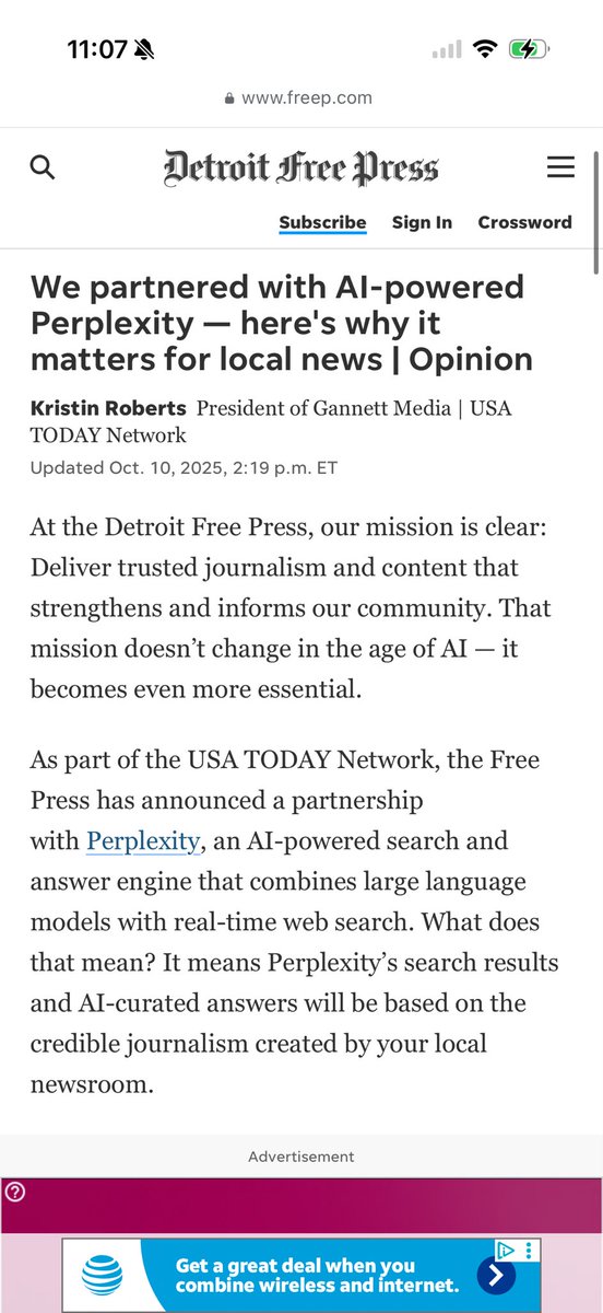 samueljrob's tweet image. President of Gannet announced last week its USA Today network of local newspapers will begin using AI engine called Perplexity. Announcement comes with copy and paste language for each paper including the Detroit Free Press.
