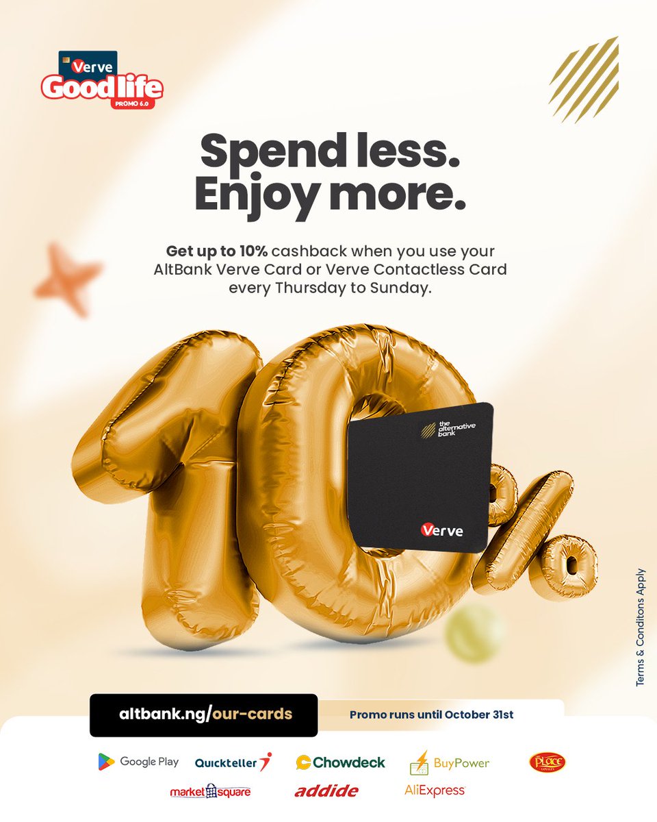 The Verve Good Life promo has been amazing, and there's still time to get in on the rewards. 

Get up to 10% cashback on your weekend spending until October 31st.

Enjoy this offer while it lasts. 

#altbank #Cashbackrewards