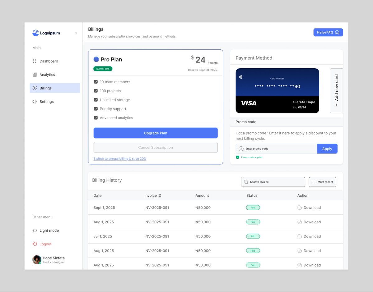 La_Esperer's tweet image. Billing page design for my upcoming SaaS dashboard kit.
Clean, transparent, and easy to manage plans, invoices, and payments.
Also, currently open to design opportunities
#UIDesign #SaaSDesign #DashboardUI #BuildingInPublic