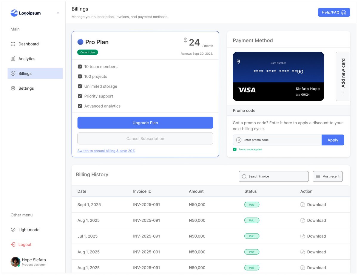 La_Esperer's tweet image. Billing page design for my upcoming SaaS dashboard kit.
Clean, transparent, and easy to manage plans, invoices, and payments.
Also, currently open to design opportunities
#UIDesign #SaaSDesign #DashboardUI #BuildingInPublic