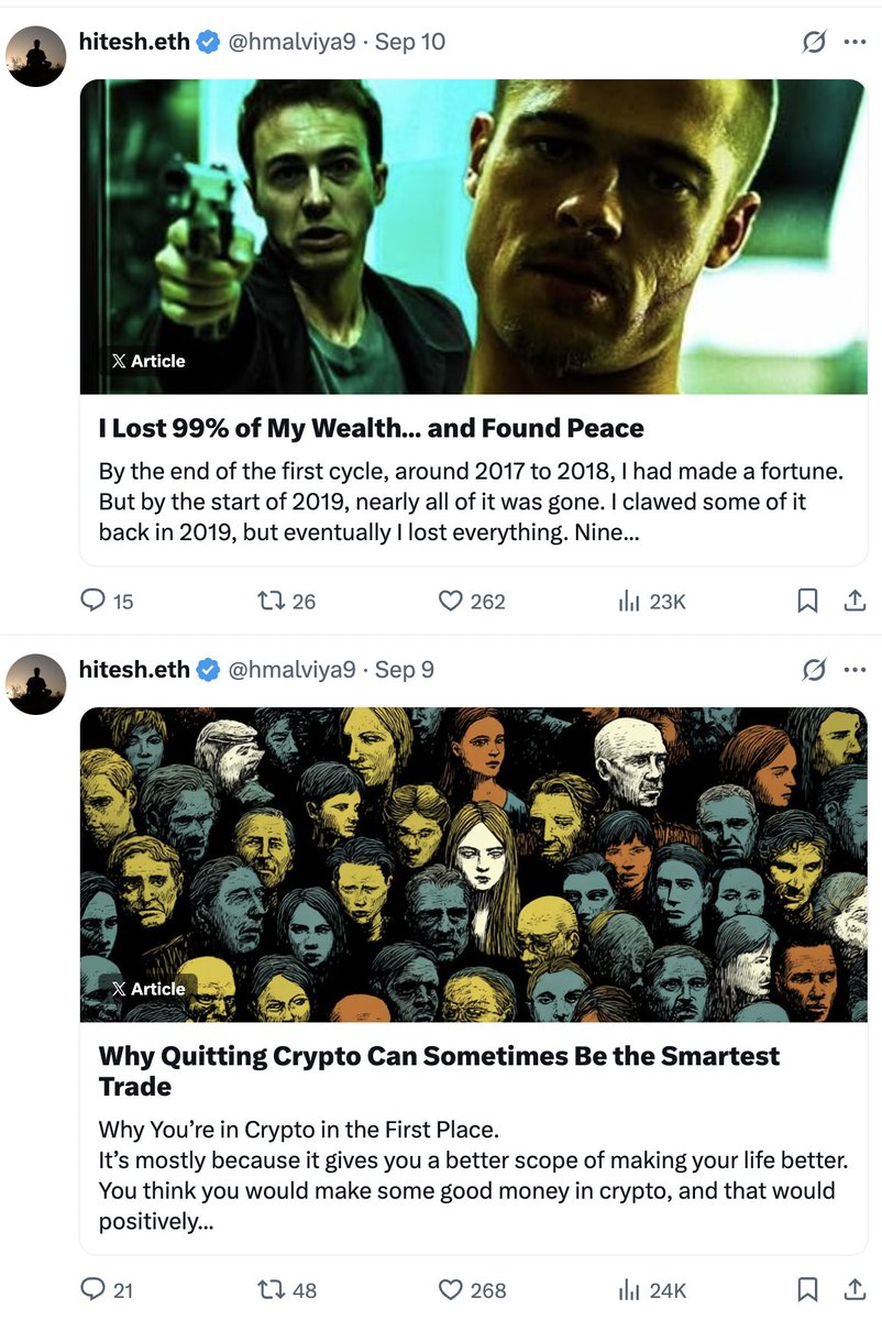 hmalviya9's tweet photo. a crypto investor shot himself.

and you still think everything is okay on CT.

there is a serious mental health crisis brewing on CT.

my content could help you build positive mindset around life.

I write positive stuff daily

do check out my work in articles tab on my profile https://t.co/eJrXh3FEKM