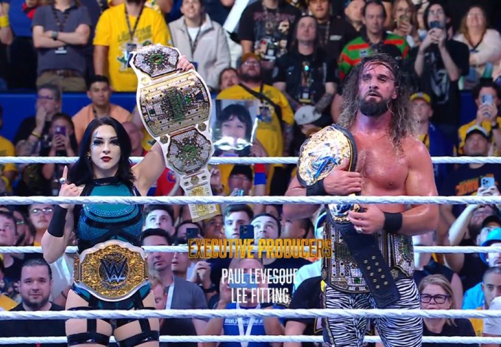 WrestleOps's tweet image. Stephanie Vaquer and Seth Rollins stand tall to end the show.

#WWECrownJewel