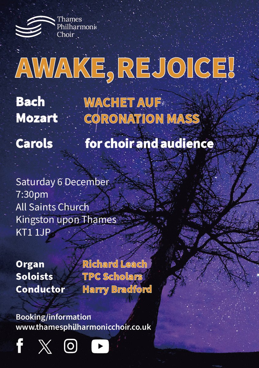 Awake, Rejoice! Welcome in the festive period with <a href="/ThamesPhilChoir/">Thames Philharmonic Choir</a> as we present Bach’s famous Advent Cantata 'Wachet Auf' and Mozart's joyful 'Coronation Mass' on Saturday 6 December. Plus seasonal favourites for choir and audience. #christmasconcert
thamesphilharmonicchoir.co.uk/event-details/…