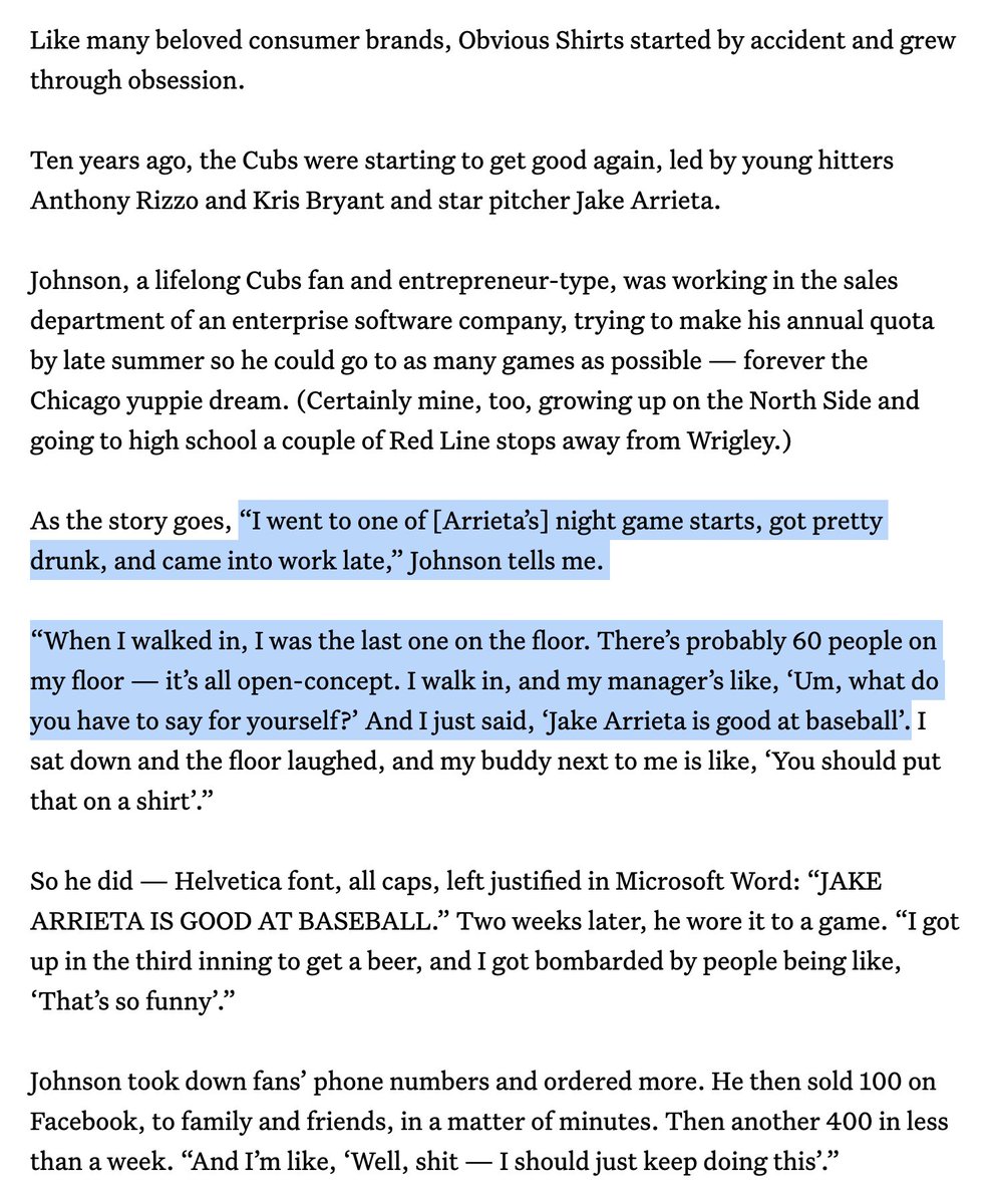 I wrote about <a href="/obvious_shirts/">OBVIOUS SHIRTS®</a>, your favorite sports fan's favorite shirt company.

It's a great case study in how to build a modern content + commerce + community business without spending on ads.

It also has an amazing founding story, featuring former <a href="/Cubs/">Chicago Cubs</a> great <a href="/JArrieta34/">Jake Arrieta</a>: