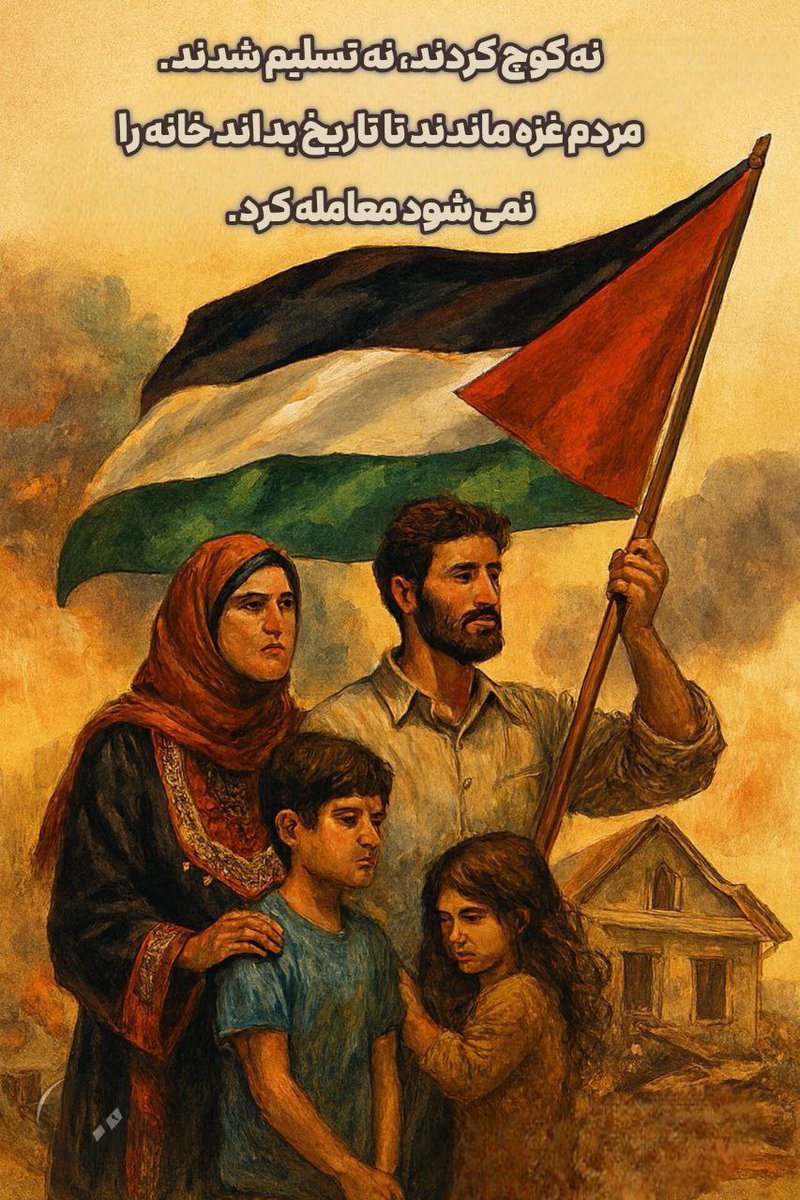نه کوچ کردن و نه تسلیم شدن.
مردمان غزه ماندند تا تاریخ بداند خانه را
نمی‌شود معامله کرد.
#غزة_تنتصر