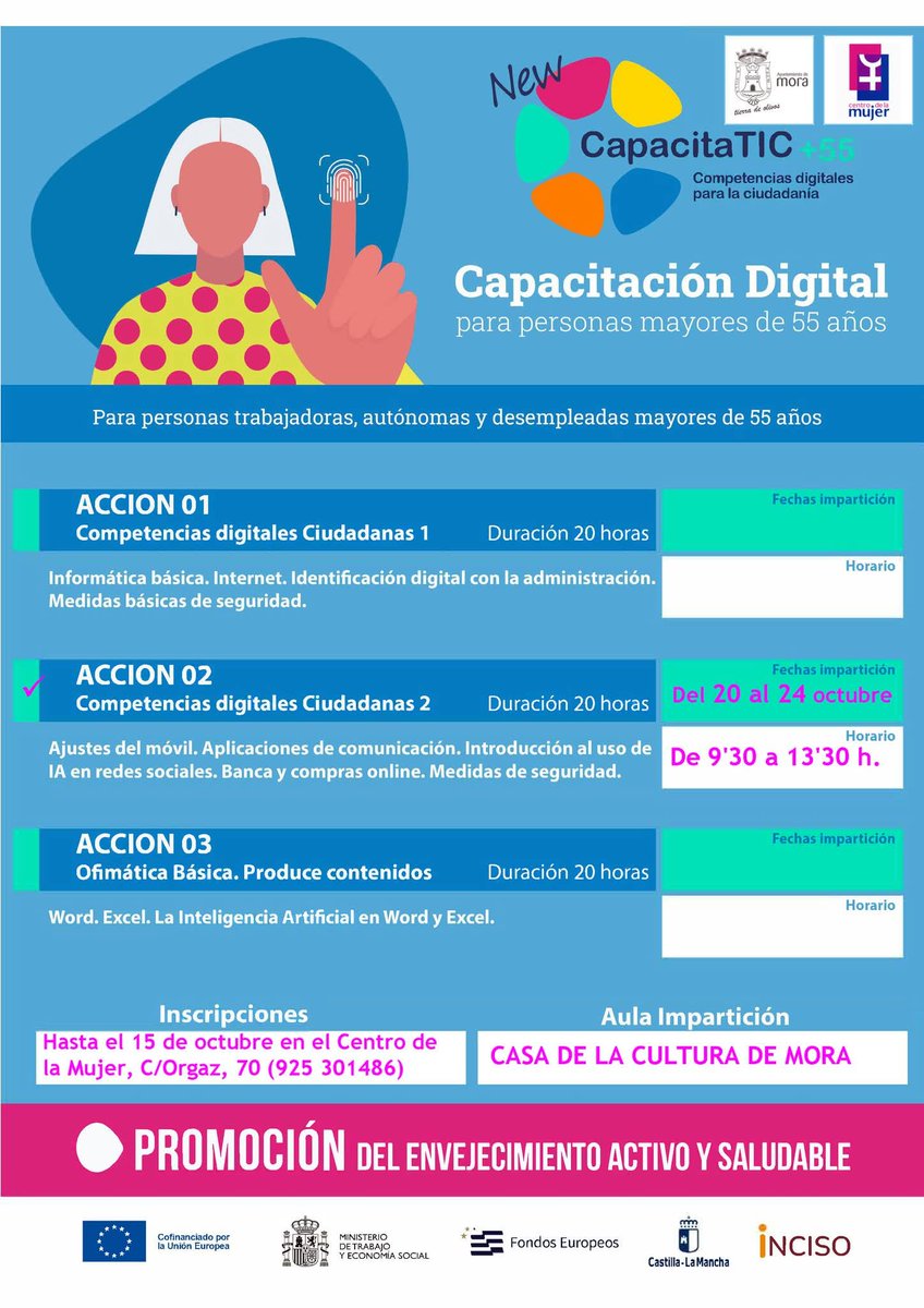 Si quieres sacar partido a tu móvil 📲inscríbete a este taller de➡️ capacitación digital. Información en el Centro de la Mujer 📞925 301486, hasta el 15 de octubre. #capacitaTic