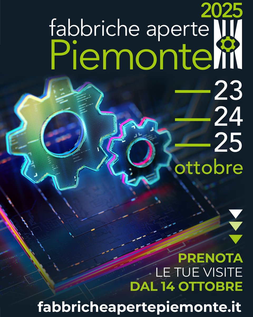 🎬 Sta tornando qualcosa di straordinario!
📅 Il 23-24-25 ottobre torna #FabbricheApertePiemonte 2025:
un viaggio nel cuore dell’industria piemontese.
⏰ Prenota da martedì 14 ottobre:
posti limitati, esperienze uniche.
🔗 fabbricheapertepiemonte.it