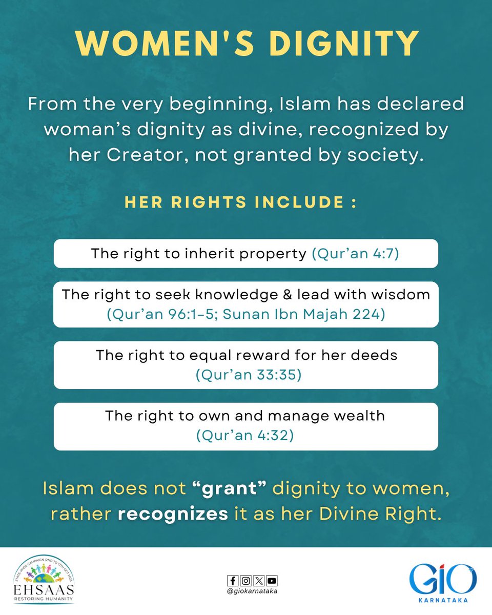 giokarnataka's tweet photo. In a time when women were stripped of worth, Islam gave her recognition, not permission.🌿

It honored her intellect, safeguarded her property, rewarded her deeds equally, and entrusted her with responsibility.💐
Her dignity was not granted , it was declared divine. https://t.co/3OqMeAuEnm