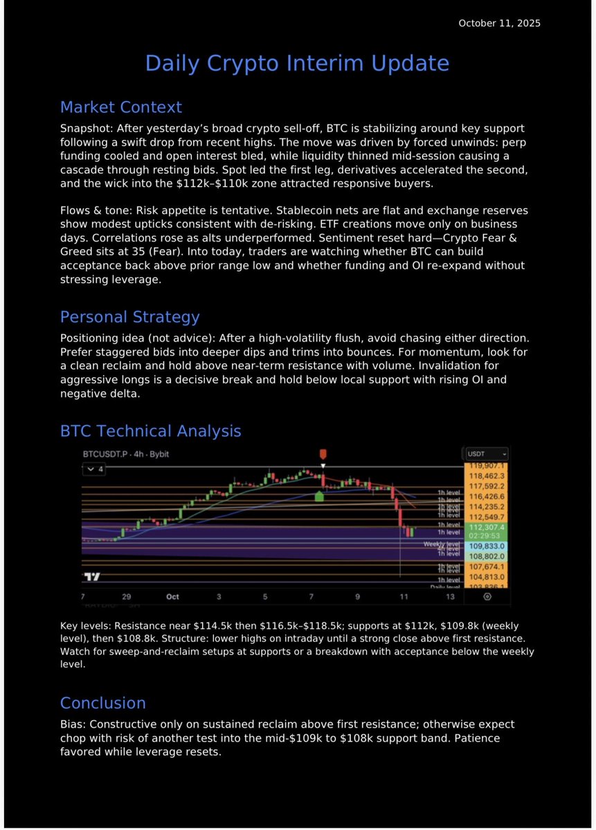 donsparconft's tweet image. Market Context: BTC stabilizes after yesterday’s mega-dump.
Forced unwinds + thin liquidity drove a cascade into the $112k–$110k zone. 
Sentiment reset hard.
Fear & Greed 35 (Fear). 
Watching for acceptance back above prior range low and clean reclaim of resistance.