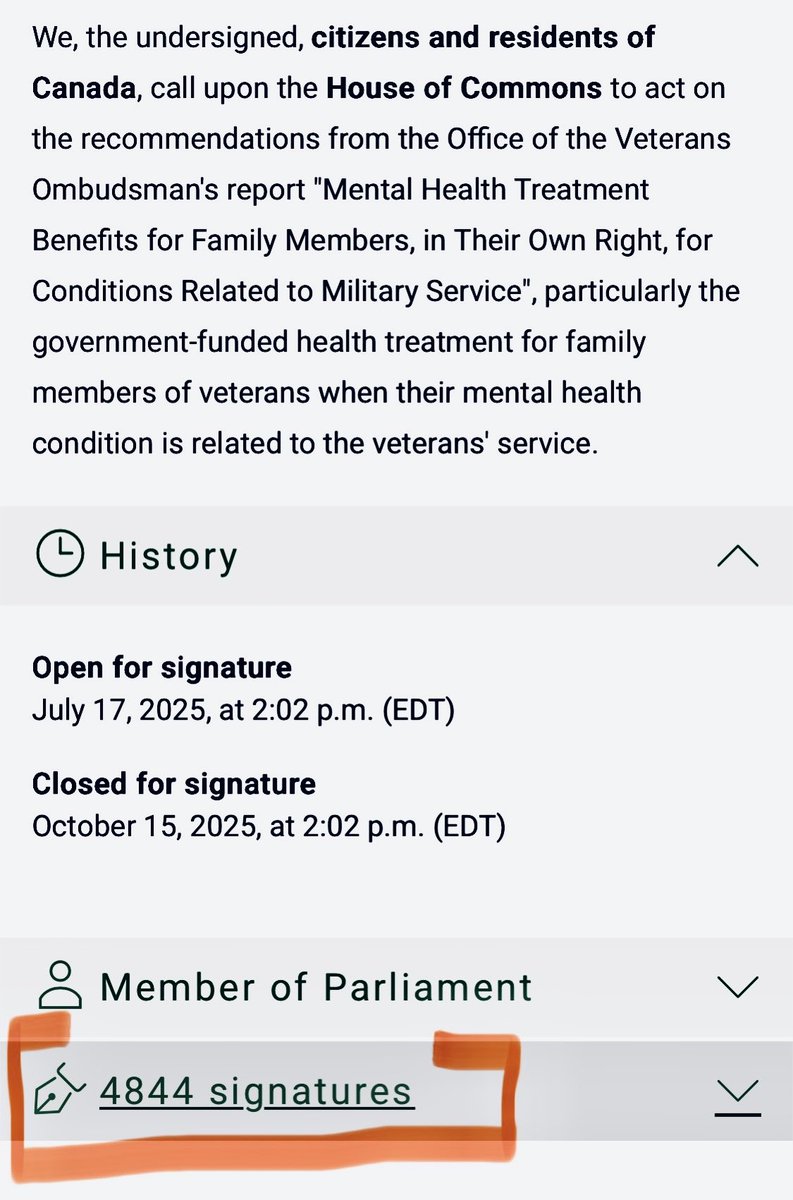 PH_OSINT's tweet image. Only 153 more signatures needed for House of Commons Petition e-6654 (#Veterans Affairs), supporting #Military spouse access and agency in receiving #MentalHealth support related to a member’s occupational injury.
Petition Below 👇
#CanMilTwitter #MilTwitter #CNDpoli