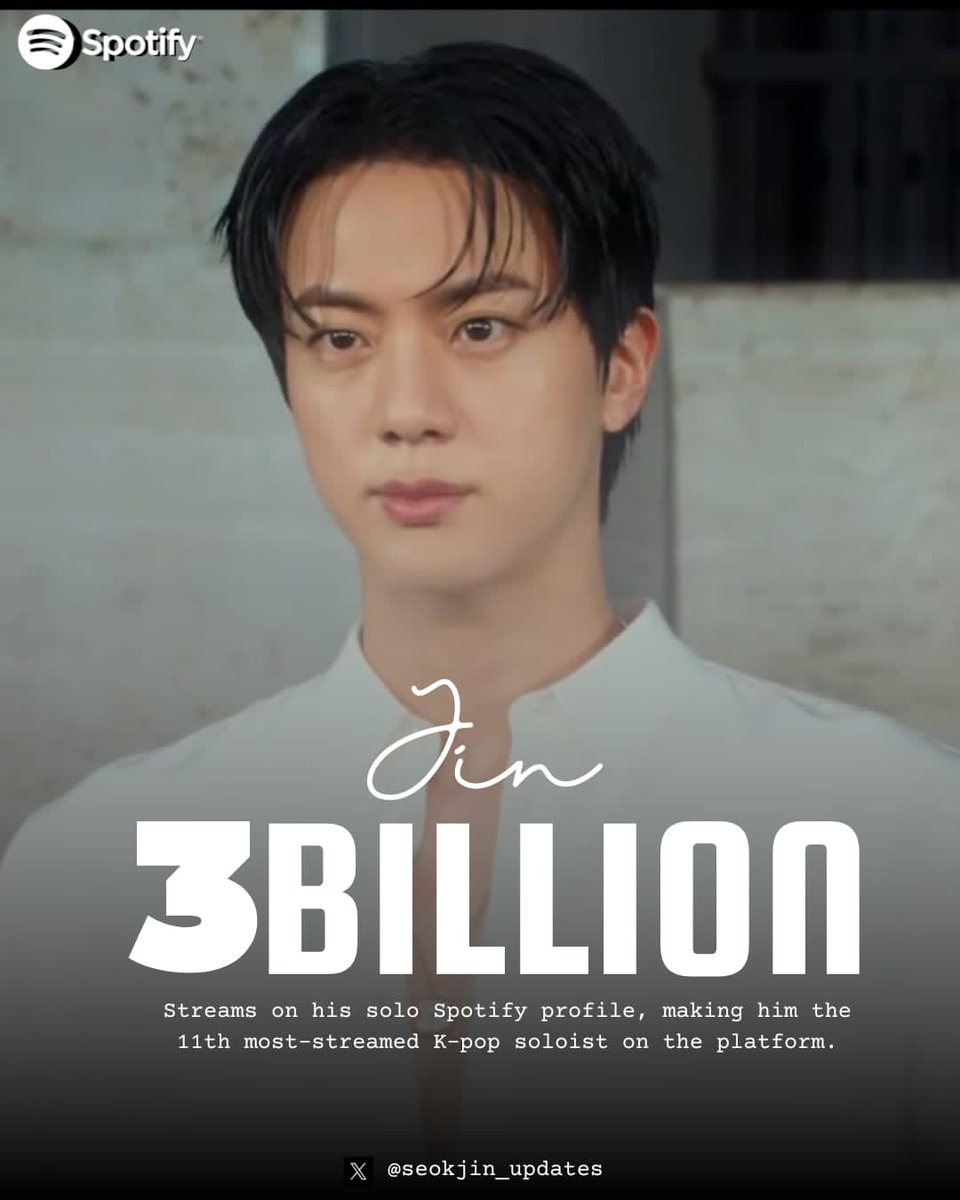#JIN has Surpassed 3 BILLION streams across all credits on his solo Spotify Profile. He is the 11th MOST streamed K-Soloist on the platform!

CONGRATULATIONS JIN 
3 BILLION STREAMS FOR JIN 
#JinSpotify3B
