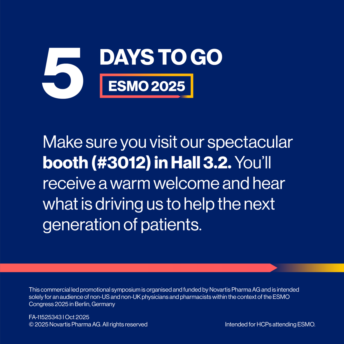 NovartisPro's tweet photo. Make sure you visit our spectacular booth (#3012) in Hall 3.2. You’ll receive a warm welcome and hear what is driving us to help the next generation of patients.
https://t.co/gDrzThNFMZ
#ESMO2025 https://t.co/tNnqxmczbJ