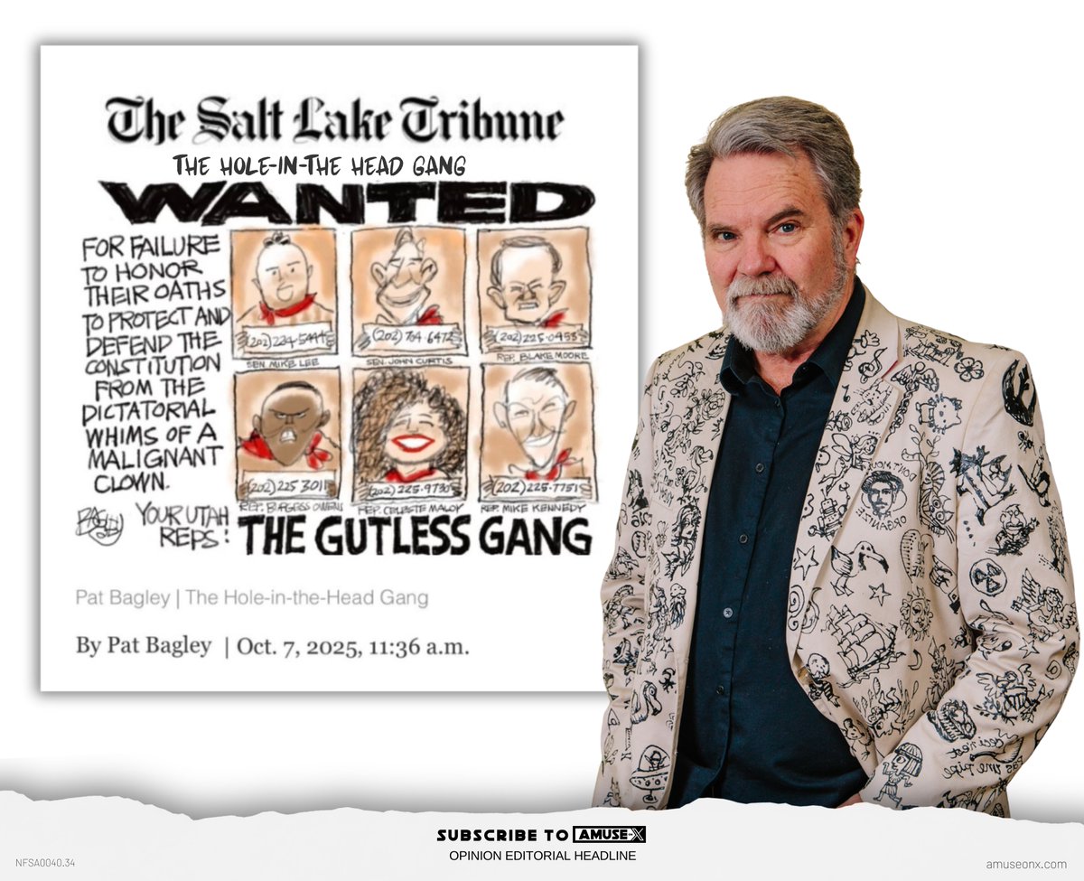 amuse's tweet image. POLITICAL VIOLENCE: Not even a month after Charlie Kirk was assassinated in Salt Lake City, the Salt Lake Tribune&apos;s Pat Bagley published a wanted poster of six Republican politicians he calls the &apos;Hole-in-the-Head Gang&apos; depicting each with a bright red scarf around their necks…