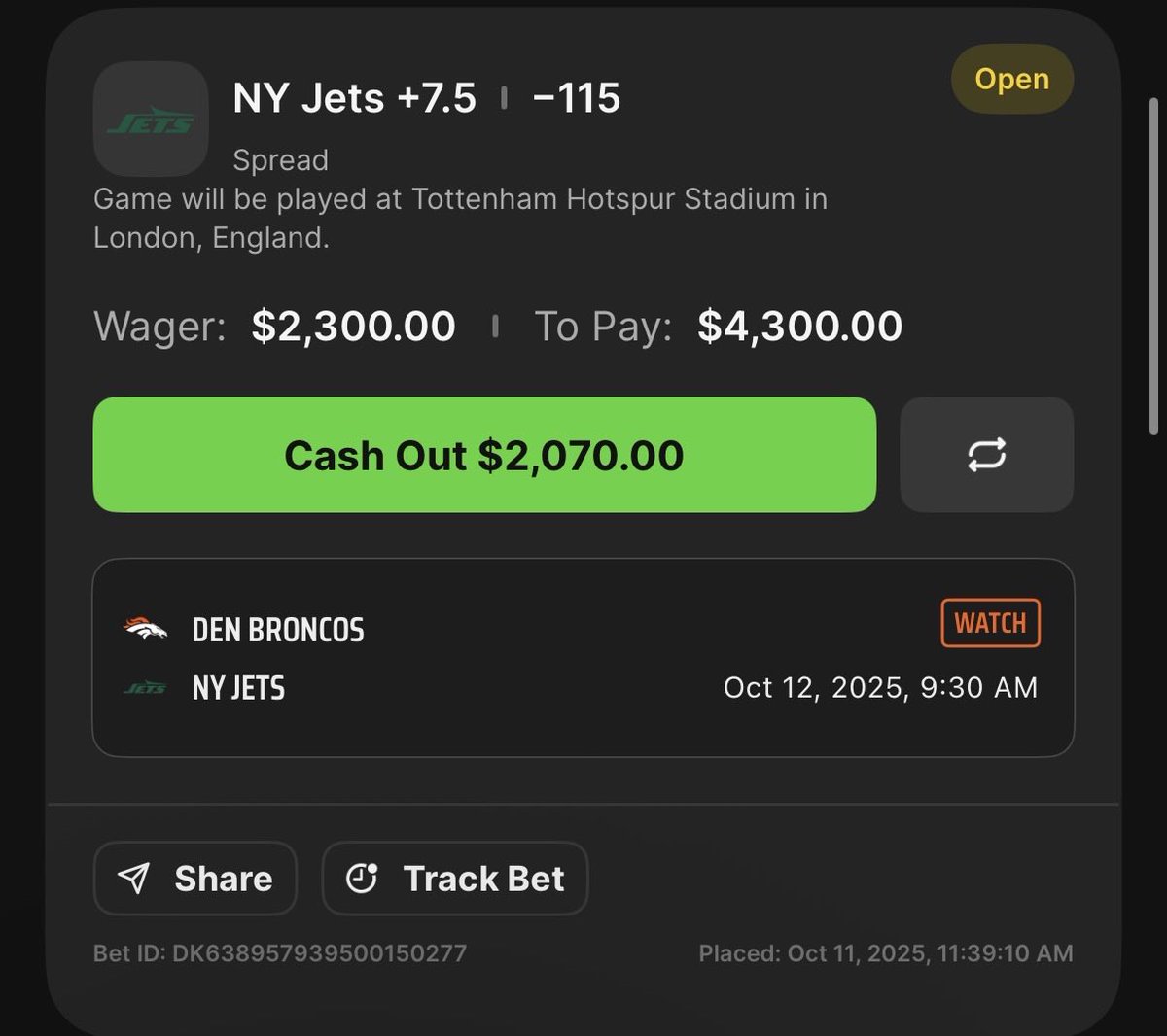 Adding this, Jets ugly it up it’s too many points. 2.3 units to win 2 units.