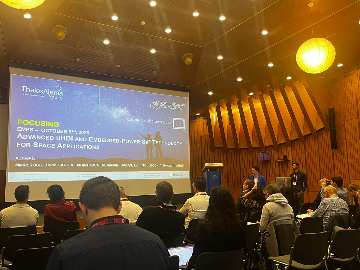 mirko_rocci's tweet photo. Back at ESA/ESTEC in Noordwijk after two years!
At EMPS 2025, I presented our Horizon Europe FOCUSING project on Advanced uHDI &amp; Embedded-Power SiP Technology for Space Applications.
Thanks to Thales Alenia Space colleagues and ESA organizers!#EMPS2025 #ESA #SpaceTech https://t.co/vnXz12rmYU