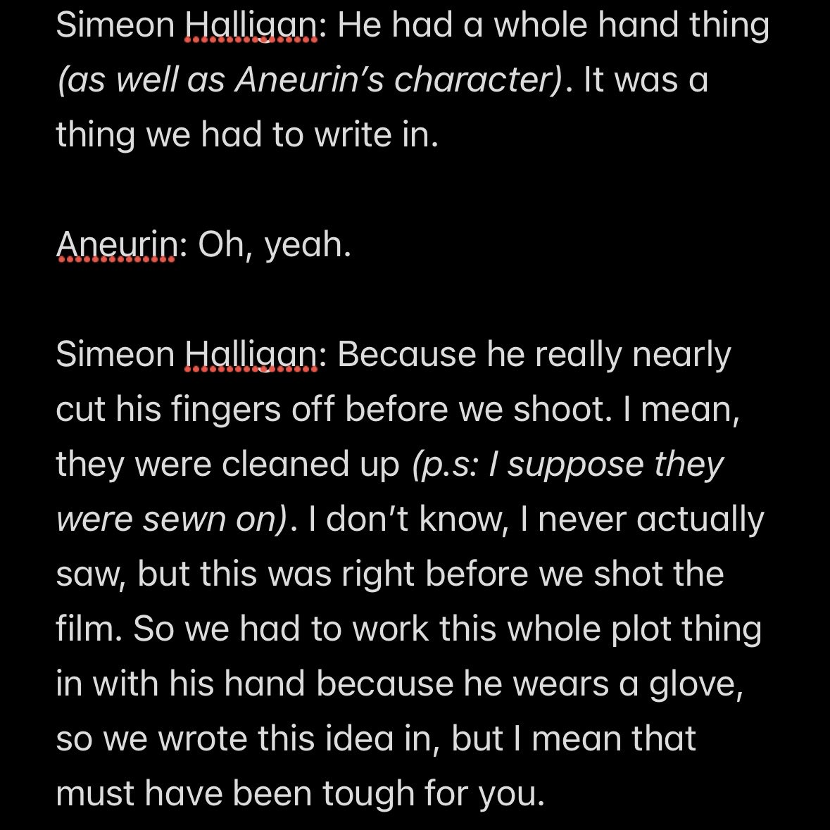 aneurin_news's tweet photo. An accident in which Aneurin cut off four of his fingers with a circular saw right before #PastLife filming 😳
link (around 8-10min): https://t.co/npTslJQZHZ
#AneurinBarnard #TimMcInnerny #SimeonHalligan #Grimmfest https://t.co/DeGp4L6gpB