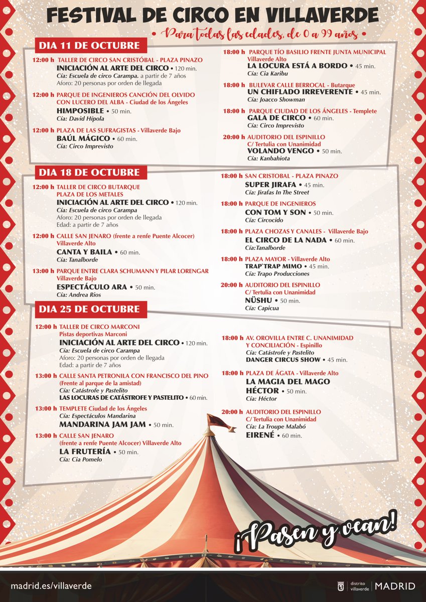 Este fin de semana ha comenzado el Festival de Circo de Villaverde, que recorrerá todo el distrito y tendrá parada en las pistas deportivas de Colonia Marconi el próximo sábado 25 de octubre, a las 12:00 h.
+ info: bit.ly/48vTKdr