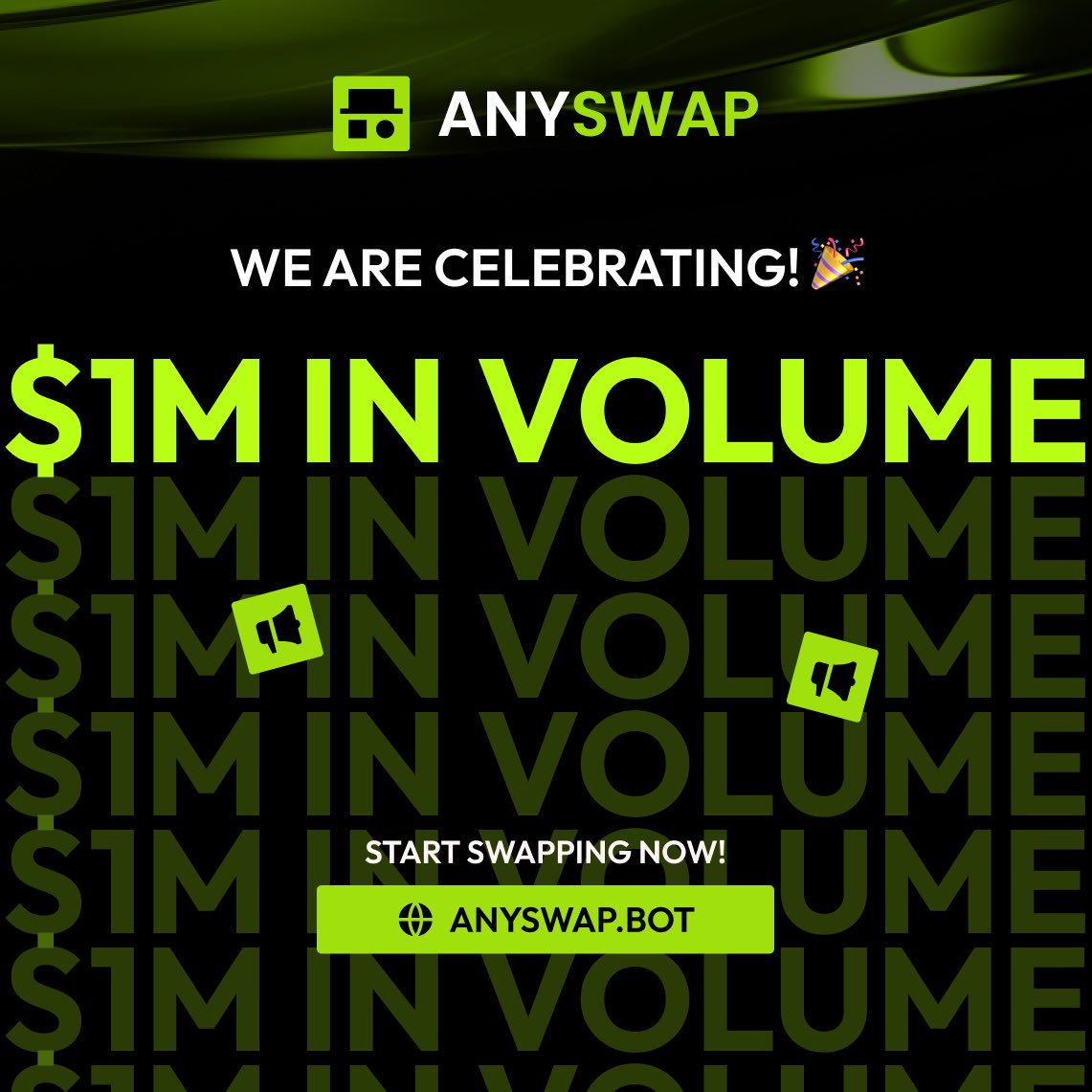 AnySwapBot's tweet image. $1M in Volume 🎉

Congratulations AnySwappers! We’ve made this post to celebrate that we have reached well over a collective $1m in volume, a huge milestone for our decentralised protocol. 

To celebrate, we’ve chosen this milestone to withdraw claim our affiliate fee from the…