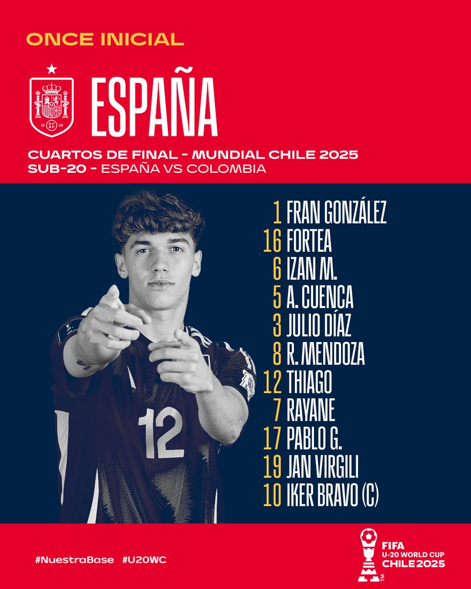 SEFutbol's tweet image. ⚔ ¡𝗡𝗨𝗘𝗦𝗧𝗥𝗢 𝗢𝗡𝗖𝗘!

🙌🏼 La @SEFutbol luchará por estar entre las cuatro mejores selecciones del mundo.

🕙 22:00
🇪🇸 🆚 🇨🇴
📺 @Teledeporte y @FIFAcom_es

#U20WC | #NuestraBase