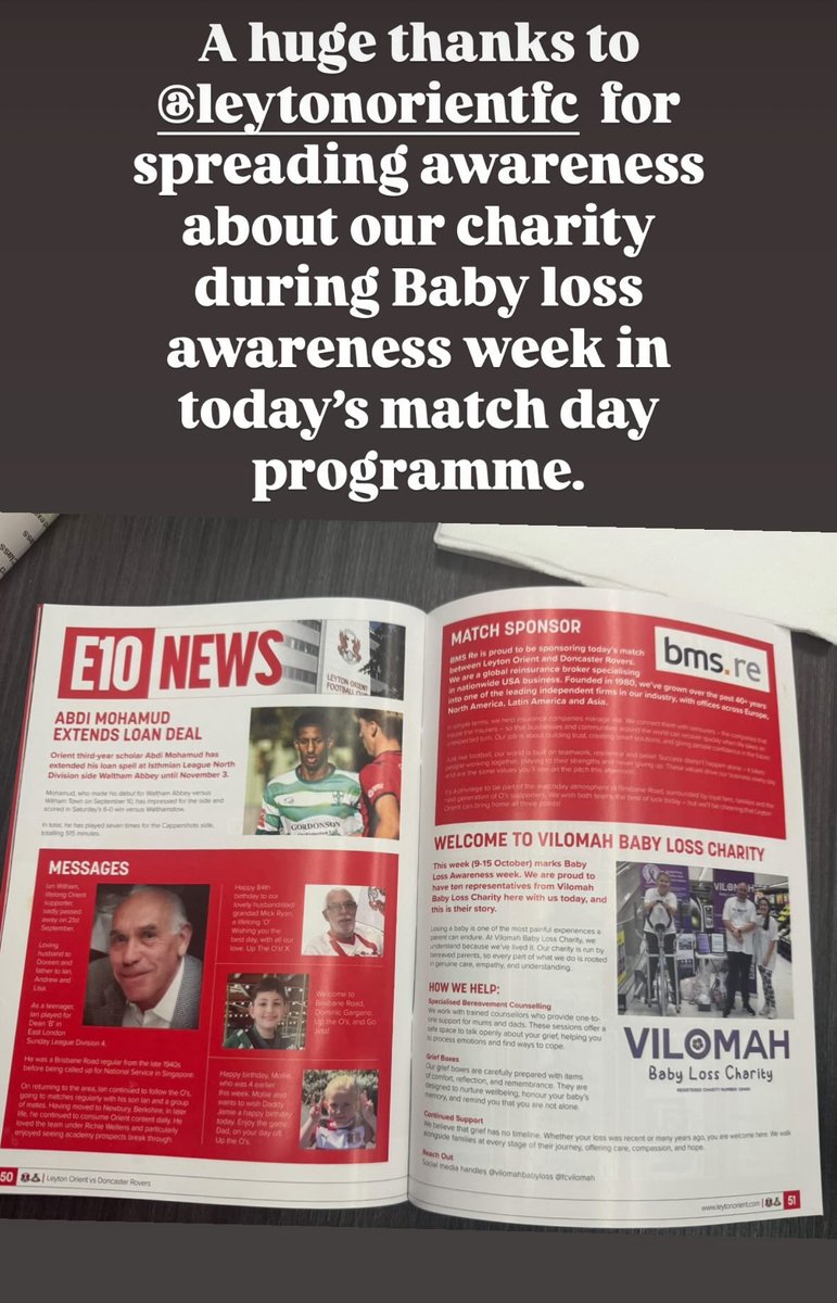 A huge thanks to <a href="/leytonorientfc/">Leyton Orient FC</a> for spreading awareness about our charity during Baby loss awareness week in today’s match day programme. #babylossawareness