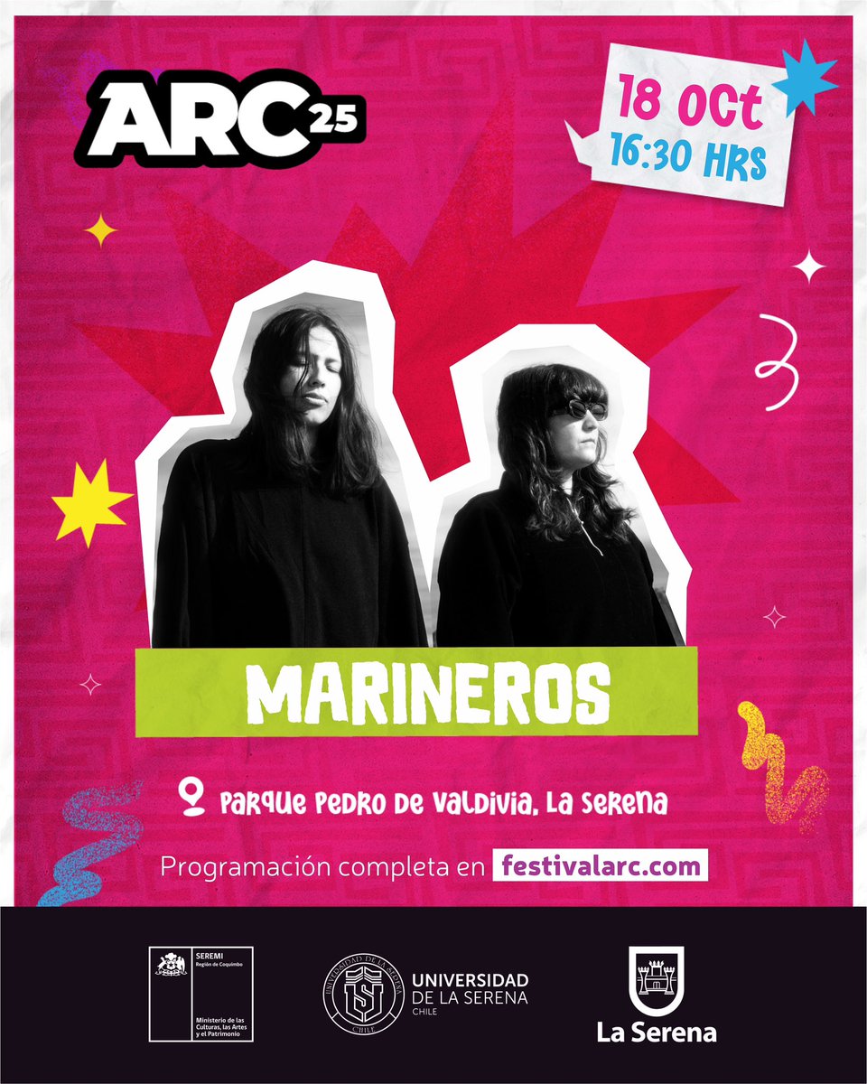 ¡Marineros llega al Festival ARC 2025!🙌

El duo nacional se presentará el sábado 18 de octubre en el Parque Pedro de Valdivia, La Serena.

Ven a disfrutar de su show y una programación que llenará el parque de música, arte y creatividad desde las 14hrs.