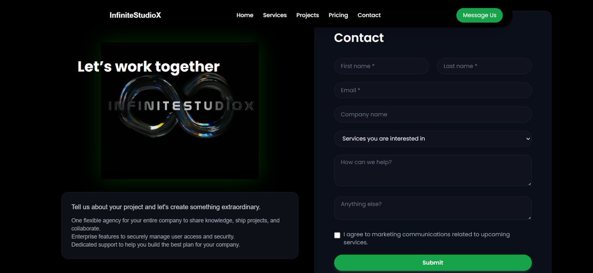 PratikCDev's tweet image. 💻 Just sat 7 hours straight building this website: infinite-studiox.vercel.app

Built with React.js, Tailwind CSS, integrated Formspree for bookings.

Would love everyones feedback, what should I improve?👀

@Harish_52 
#WebDev #ReactJS #TailwindCSS #Startup