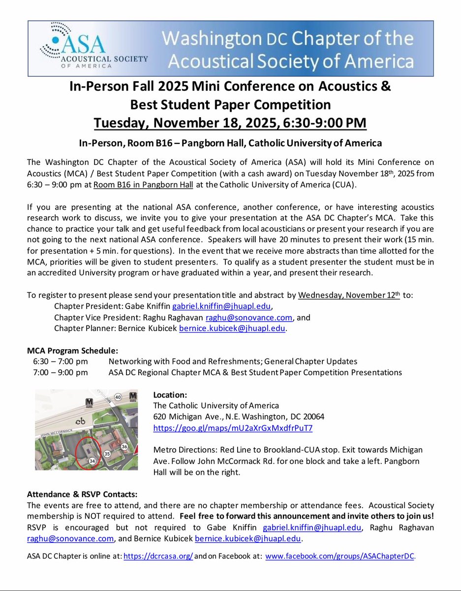 Join the DC chapter of the ASA Tue Nov 18, 6:30-9 pm at Catholic Univ. for the fall meeting and student paper competition. It is a great chance to get some feedback on your talk for Honolulu! <a href="/acousticsorg/">Acoustical Society of America</a> <a href="/ASAStudents/">ASA Students</a> 

Abstracts due Nov 12.  All are welcome!