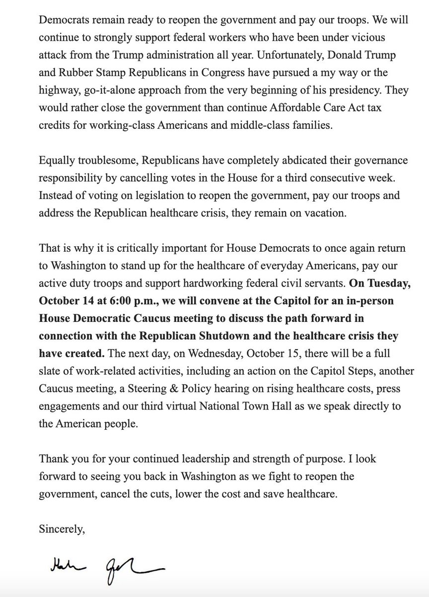 AndrewSolender's tweet image. New: Jeffries says in a dear colleage letter that it is &quot;critically important for House Democrats to once again return to Washington.&quot;

Confirms there will be a &quot;full slate&quot; of events on Wed, including:

- Capitol steps event
- 2nd caucus meeting
- Steering hearing
- Town hall