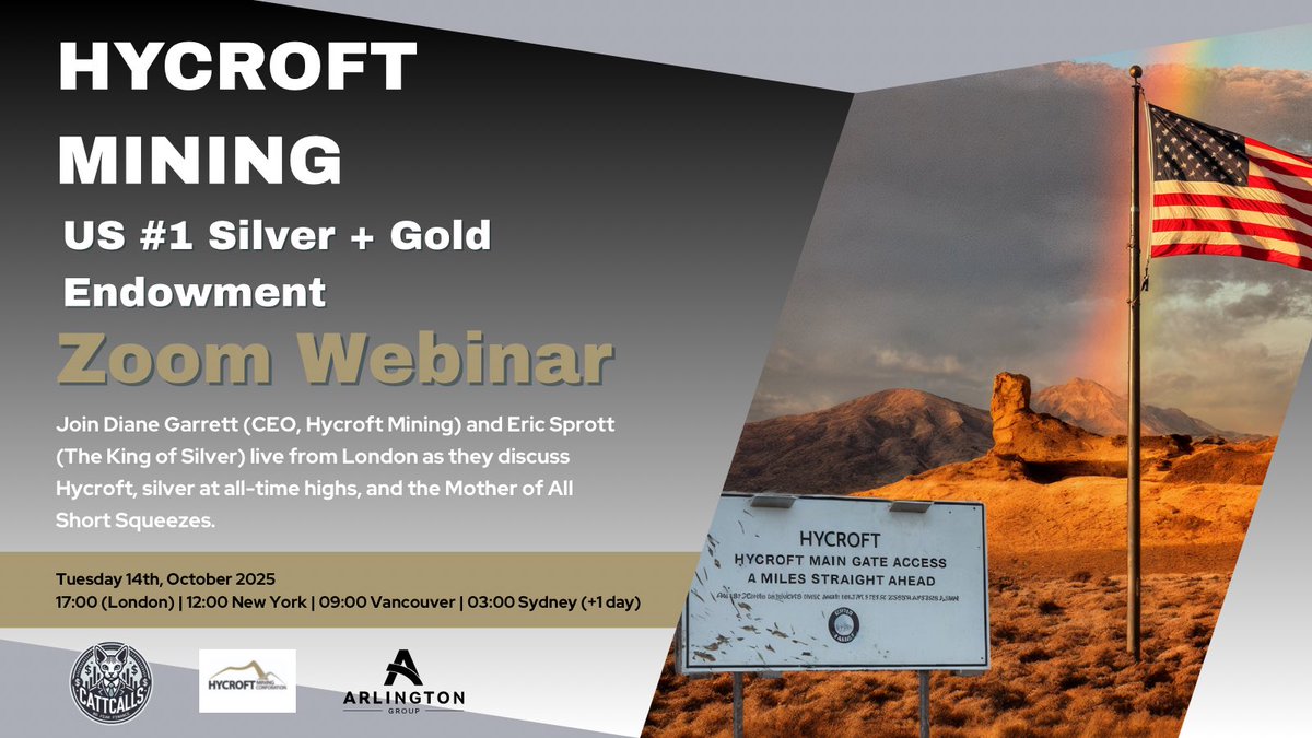 CattCalls's tweet image. Eric Sprott (@sprott) the King of Silver – has just been to @HycroftMining - America’s largest silver endowment.

What did he see? Why now?

Join Eric &amp;amp; Hycroft CEO @DianeG_CEO, live in London with Simon Catt (Catt Calls/@ArlingtonAsset) to find out.

📅 Tue 14 Oct | 5PM (London)…