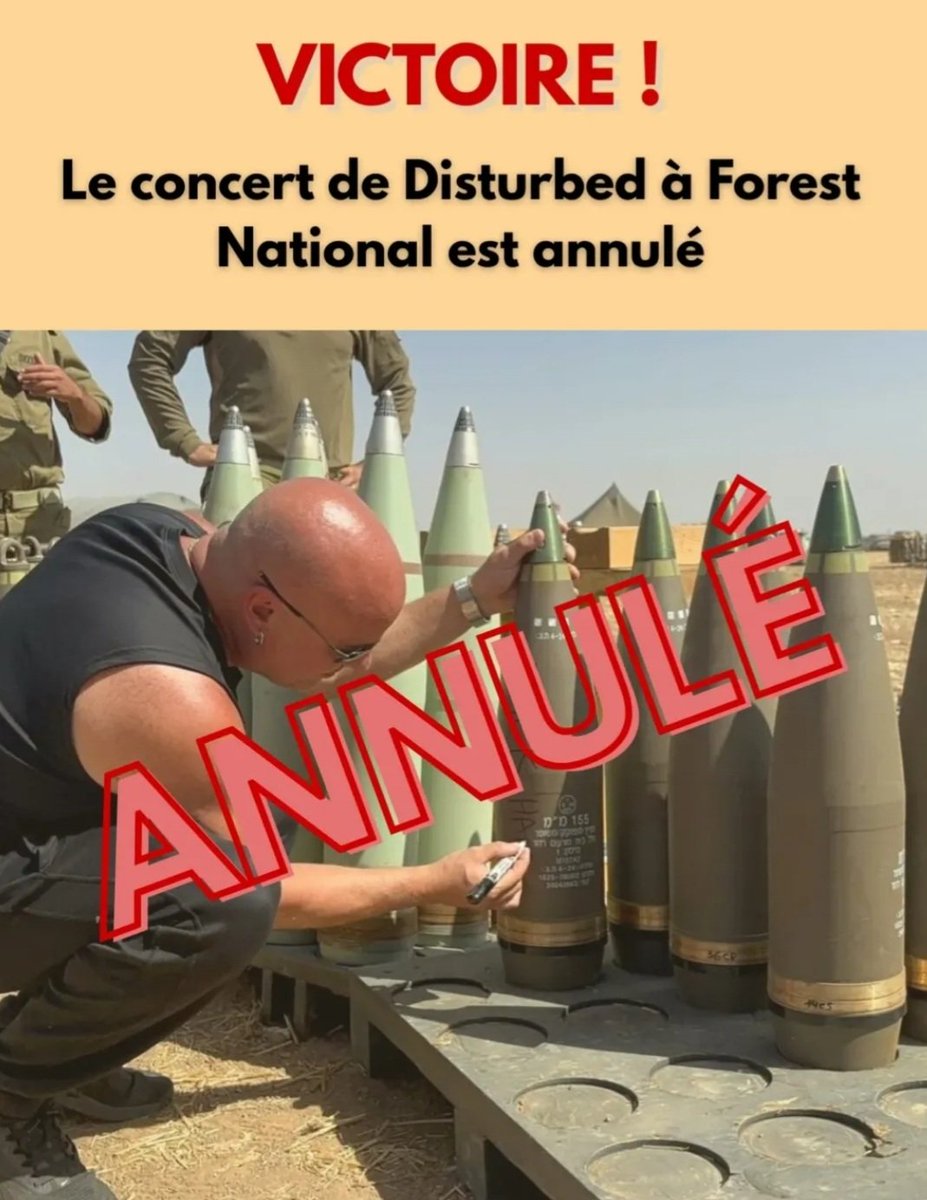 Suite aux appels à mobilisation, le concert de Disturbed à <a href="/forestnational/">Forest National</a> le 15/10 est annulé ⛔!

Bravo à toutes celles et ceux qui ont fait entendre la voix de la justice et montré qu'on ne pouvait pas impunément légitimer un génocide.

Restons mobilisés!