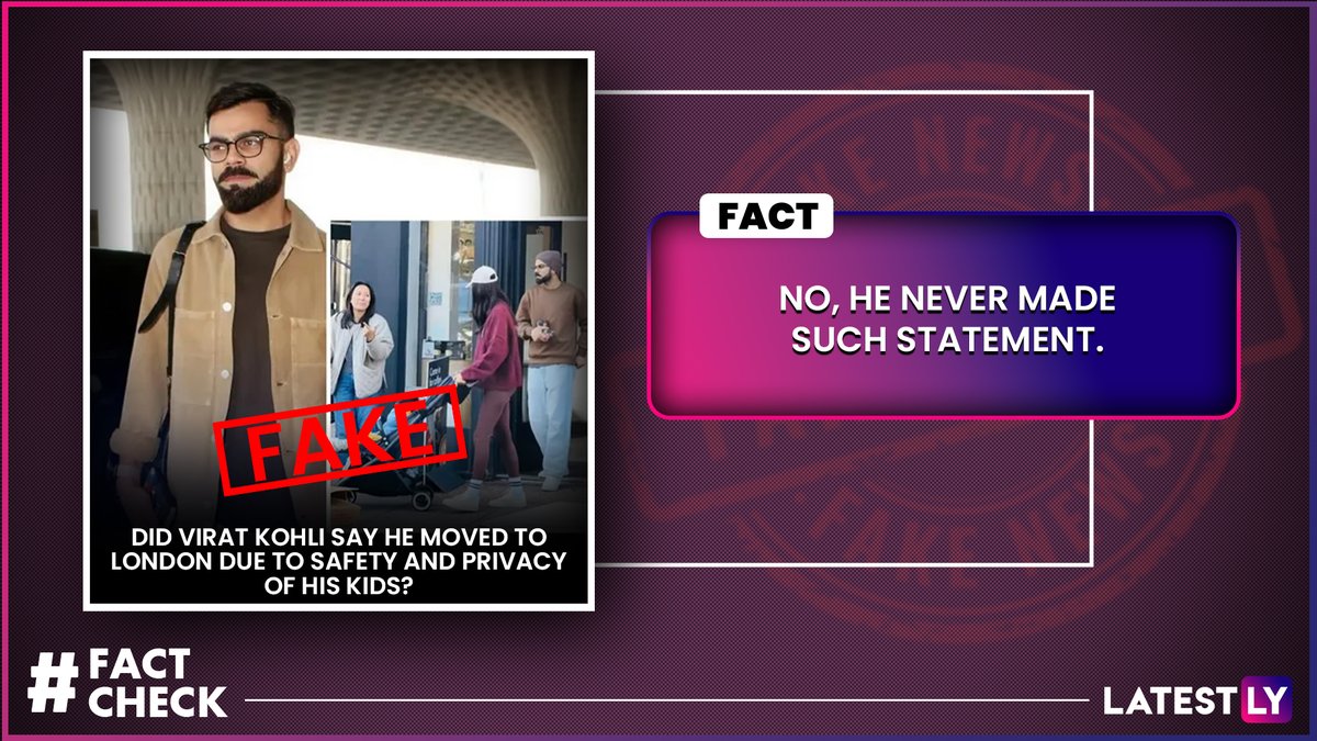 latestly's tweet image. Virat Kohli Said He Moved To London Due To Safety And Privacy Of His Kids?

Read Full Article Here: latestly.com/social-viral/f…

#FactCheck #ViratKohli #London #FakeNews