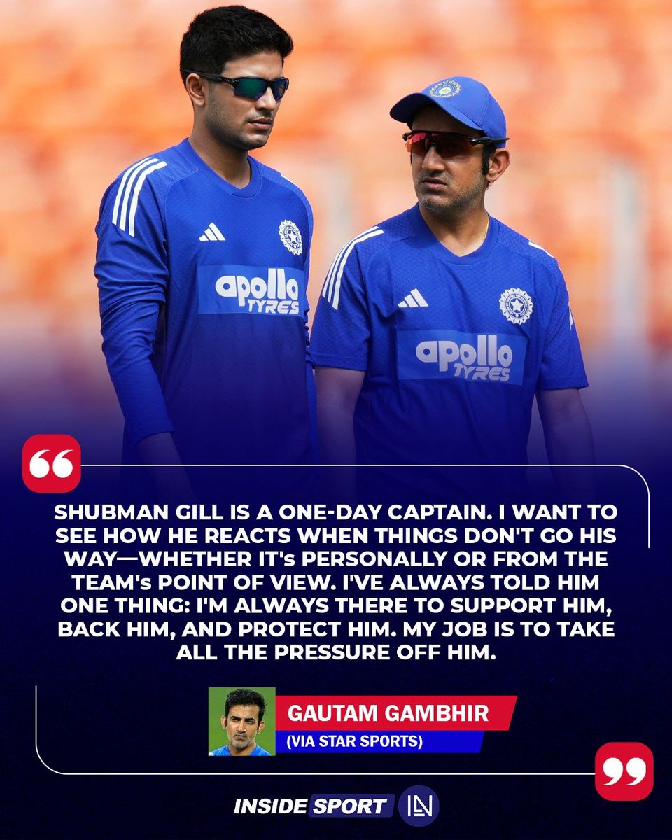 InsideSportIND's tweet image. Team India Head coach Gautam Gambhir has pledged unwavering support for new ODI captain Shubman Gill 👏

#TeamIndia #GautamGambhir #ShubmanGill #CricketTwitter