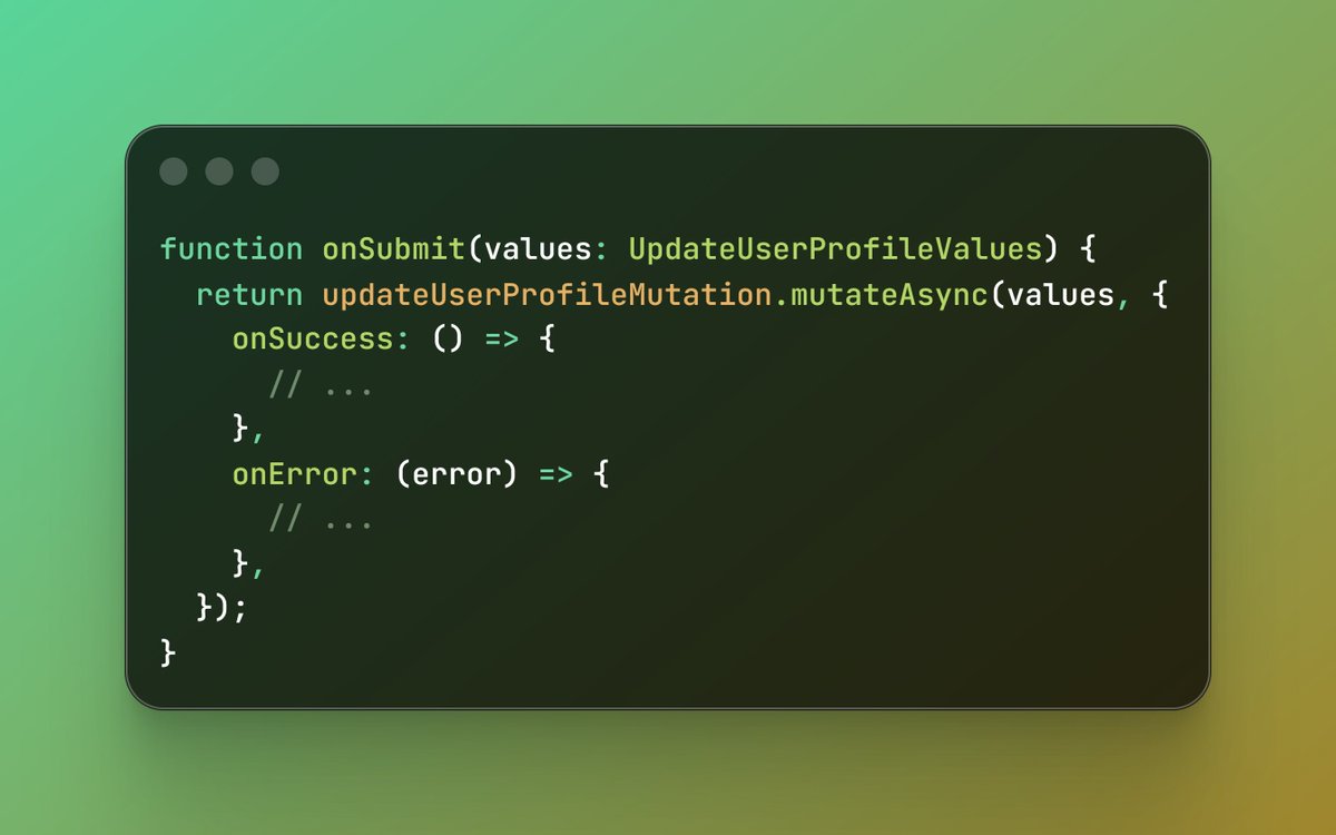 codinginflow's tweet image. When you call a React Query mutation in a React Hook Form onSubmit function, you want to return mutateAsync.

Otherwise, RHF doesn&apos;t know when your mutation failed, and isSubmitSuccessful will be `true` even after an error.