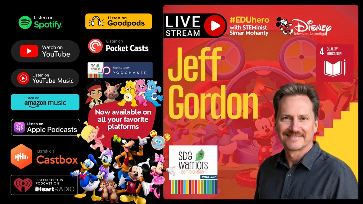 SDGwarriors's tweet photo. 🆕 Episode Alert!🚀
🎙 E42 #EDUhero - The @SDGwarriors Podcast is now streaming on all your favorite platforms!
🏰🪄 Mickey, Magic &amp; Meaning: Directing Stories That Spark #Imagination w/ Jeff Gordon @DisneyTVA
🎧 https://t.co/SyUAxd7Tyt
🌏✨ #BeTheChange #StayCurious #SDG4 https://t.co/DoDAUflWGS