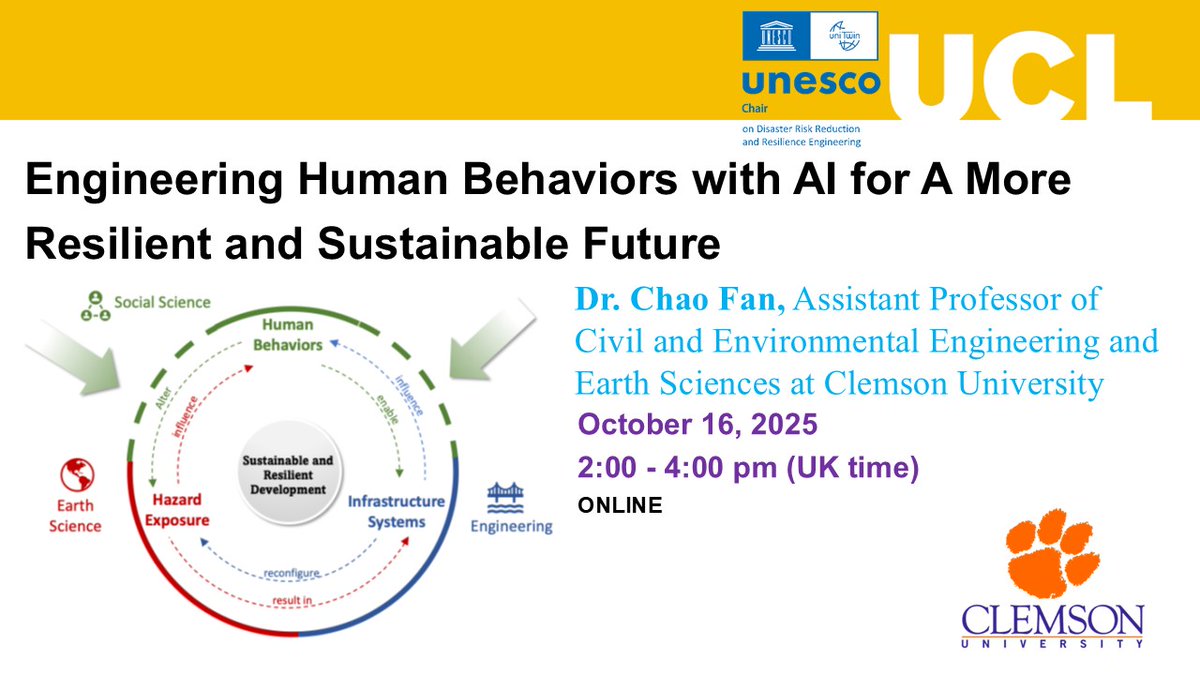 Upcoming Webinar | Engineering Human Behaviors with AI for A More Resilient and Sustainable Future
Time: 16 October 2025, 2:00 - 4:00 pm (UK time)
Registration link:ucl.zoom.us/webinar/regist…