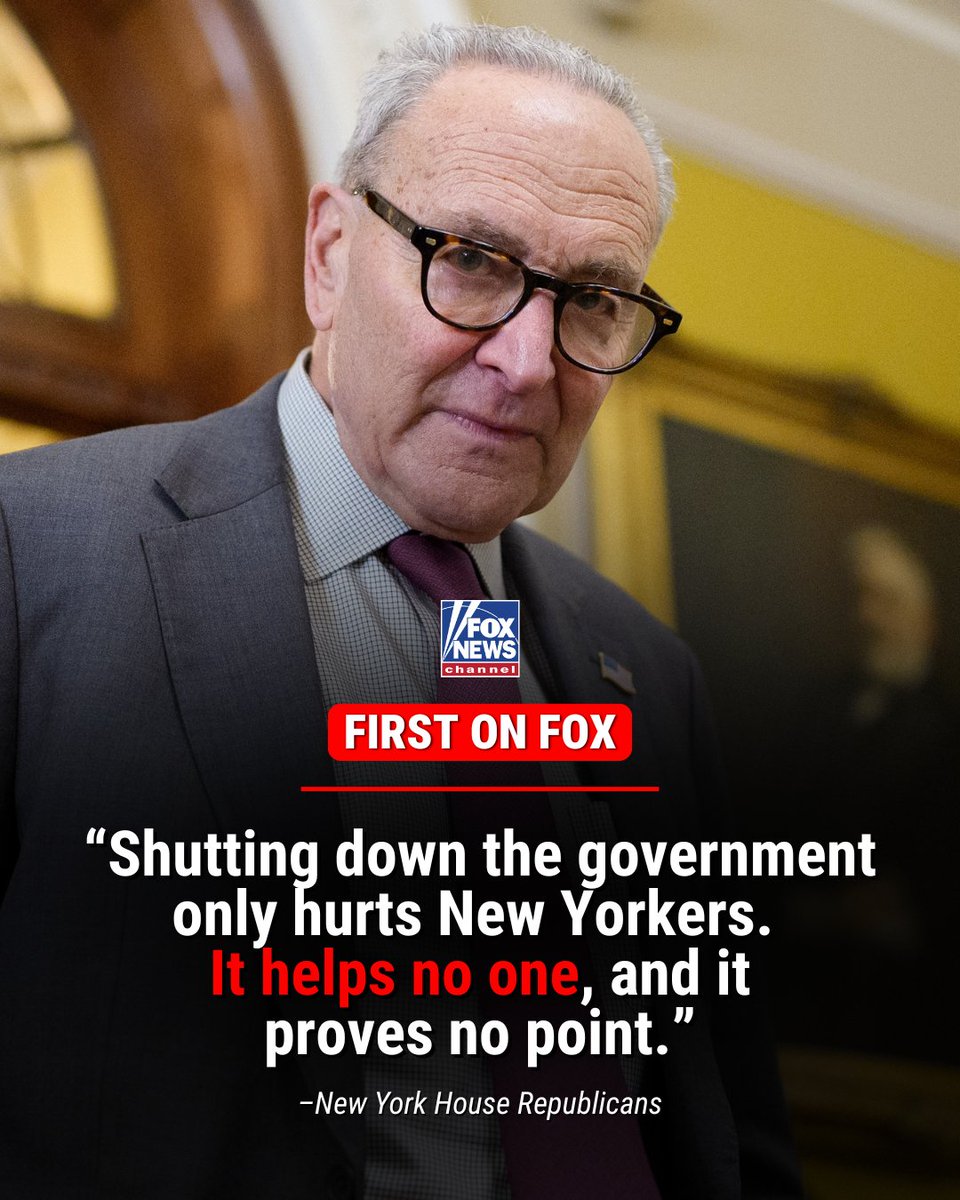 'RADICAL AND HARMFUL': New York House Republicans blast their state's Democratic senators Schumer, Gillibrand for trying to "spite Trump" as the government shutdown continues, calling on them to vote immediately to reopen the government.