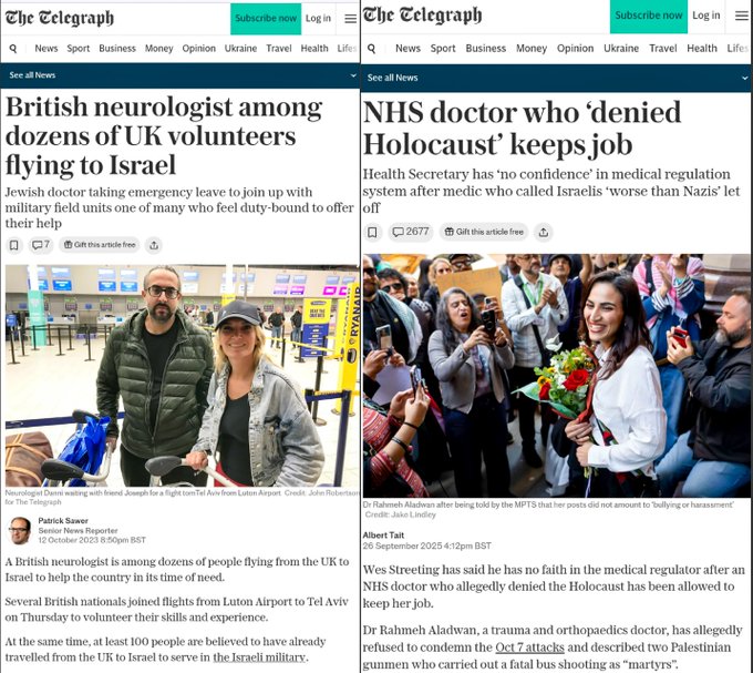 Left side shows a man and woman standing outdoors one wearing a cap and jacket the other in casual attire with buildings in background. Right side displays a group of people including a woman holding flowers in a formal setting with a man nearby. Newspaper headlines overlay both images one reading British volunteers among Jewish doctors flying to Israel leave up with military field units and another about NHS doctor who denied flying to Israel facing regulatory issues.