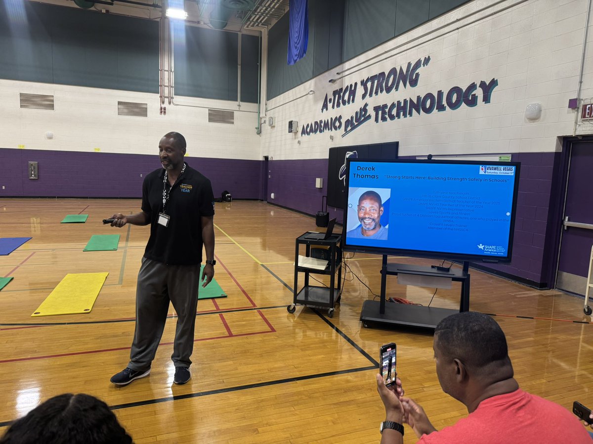 <a href="/SHAPEAmerica/">SHAPE America</a> TOY <a href="/coachDThomas84/">Derek Thomas,NBCT</a> on building strength safely in schools at <a href="/SHAPE_NV/">SHAPE Nevada</a>. I got to see him teach a weight training class yesterday at <a href="/TheCheyenneHS/">Cheyenne High School</a> &amp; he is legit!!!
